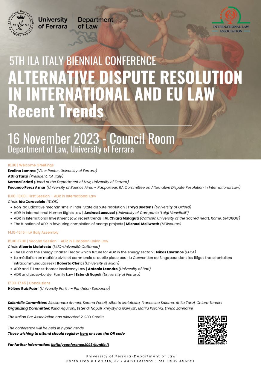 Al Dipartimento di Giurisprudenza si tiene oggi la quinta conferenza biennale di dell’International Law Association – Italian Branch, dedicata a Alternative Dispute Resolution in International and EU Law – Recent Trends