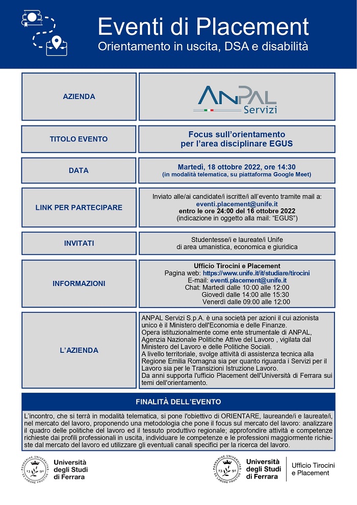 ANPAL Servizi - Focus sull’orientamento per l’area disciplinare EGUS